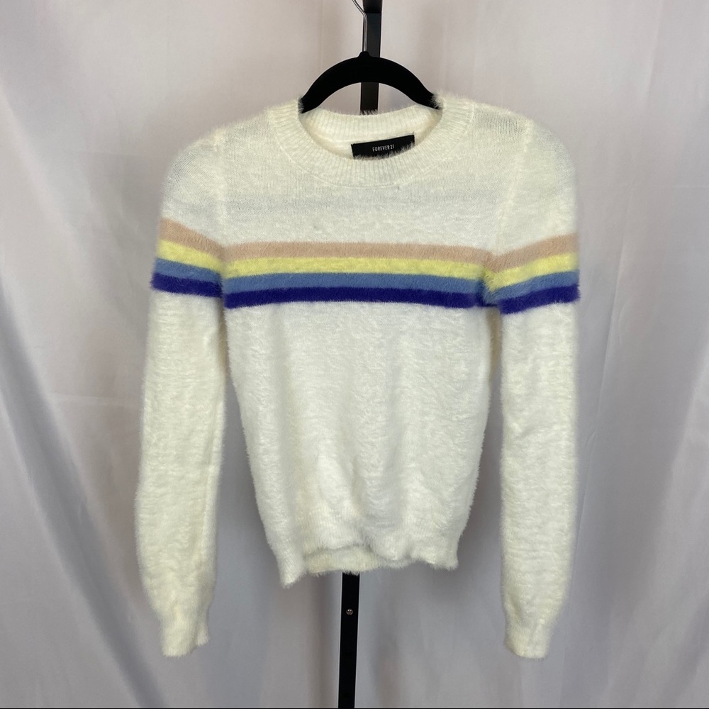 3 FOR $15 Forever 21 White Fuzzy Sweater with Stripes, Small